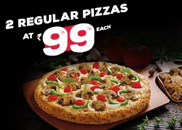 Select Any 2 Regular Pizzas Worth Rs. 165 at Rs. 99 each