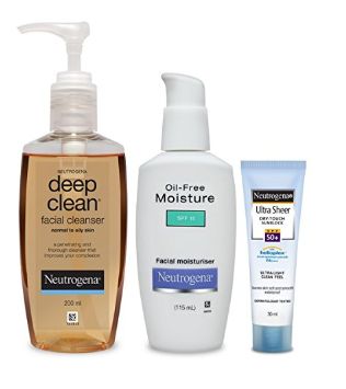 Neutrogena Oily Skin Combo (Deep Clean Facial Cleanser 200ml, Oil Free Moisturiser 115ml, Ultra Sheer Dry-Touch Sunblock SPF 50+ 30ml)