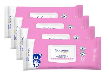 Flat 60% Off: Softsens Baby Skin Care Wipes with Aloe Vera & Moisturising Lotion, 80 Pcs x 4 Pack at Rs. 357