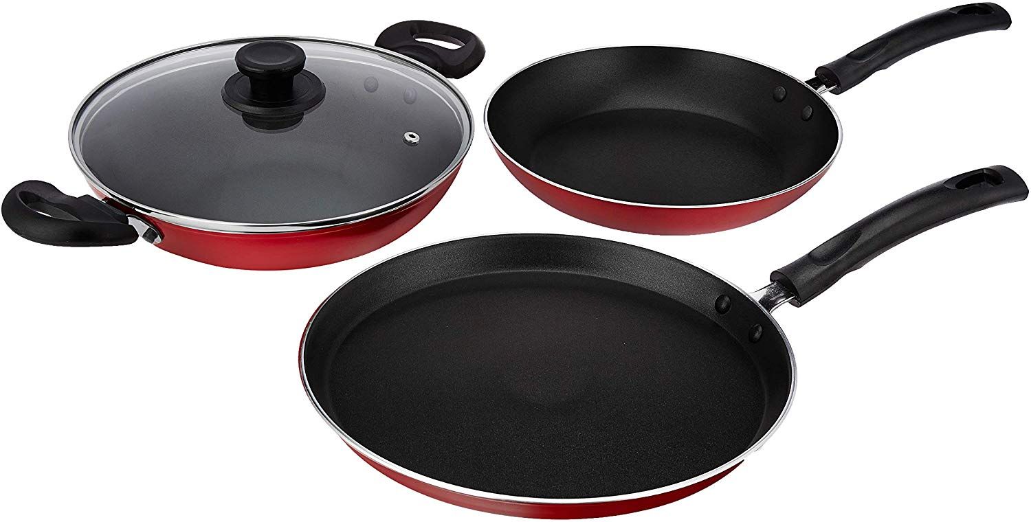 Amazon Brand - Solimo 3-Piece Non-Stick Cookware Set (Gas Stove compatible), Red
