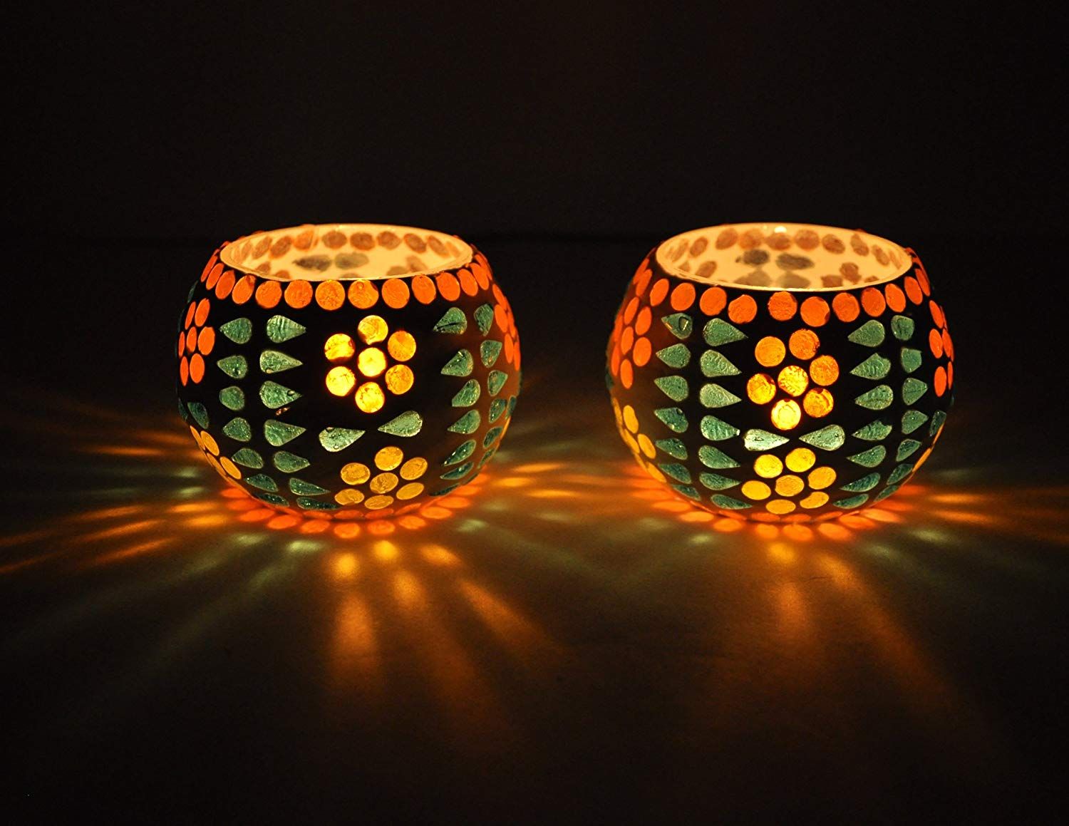 Set of 2 Mosaic Glass TeaLight Votive Candle Holder with Tea Light Candles