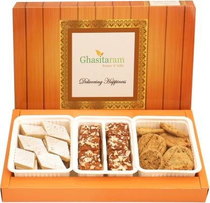 Ghasitaram Gifts Sweets Hamper-Assorted Box of Kaju Katli, Dodha Barfi and Methi Mathi Combo (3)