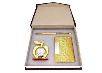 Crownlit 3 in 1 Apple Shape Clock, Card Holder with Premium Metal Pen for Gifting (Golden with Crystal Pen)