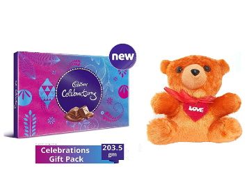 Cadbury - Valentine Gift Combo with Celebrations Assorted Chocolate Gift Pack, 203.5g & A Beautiful Teddy at rs. 349
