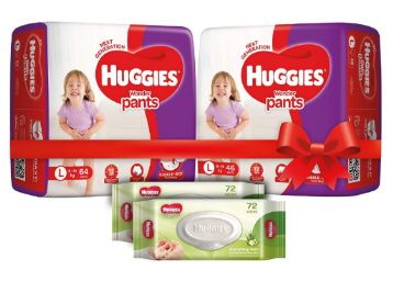 20% Coupon -  Huggies Wonder Pants Comfort Pack Large Size Diapers (110 Count) and Huggies Baby Wipes - Cucumber & Aloe Pack of 2 (144 Wipes) at Rs. 1195