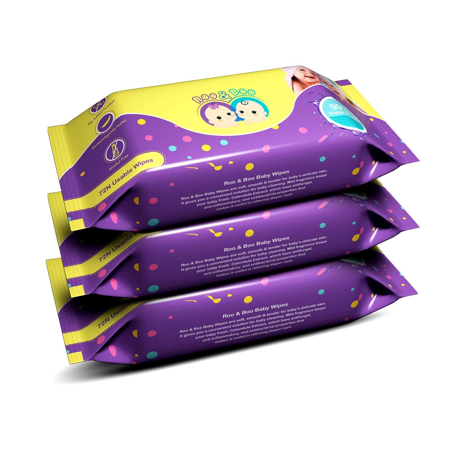 Roo & Boo Baby Wet Wipes - Paraben Free 99% Water Wipes (72 pcs/pack) (Pack of 3)