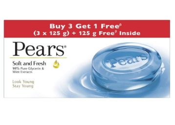 Pears Soft & Fresh Bathing Bar With 98% Pure Glycerine, 125 g (Buy 3 Get 1) at Rs. 137