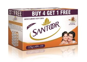 Santoor Sandal and Almond Milk Soap (Buy 4 Get 1 Free 125g each) At Rs. 129