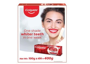 Colgate Visible White Teeth Whitening Toothpaste, Protects Enamel, Removes Stains, With Whitening Accelerators, 400g, 100g X 4 at Rs. 297