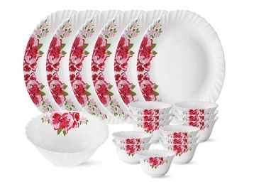 Larah by Borosil Rose Red Silk Series Opalware Dinner Set, 19 Pieces, White