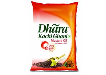 Dhara Kachhi Ghani Mustard Oil, 1L Pouch at Rs. 125