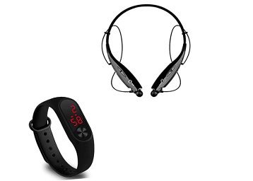 Techfire Neckband Bluetooth Headset with Mic and Big Screen Unisex Silicone Digital LED Bracelet Band