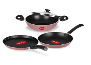 Buy Pigeon Basics Non stick Aluminium Non Induction Base Cookware set, including Nonstick Dosa Tawa, Nonstick Kadai With Glass Lid, and Nonstick Frying Pan