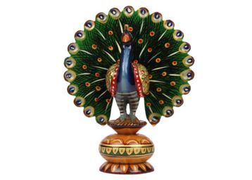 Buy Hand Painted Multi Color Wooden Peacock On Pot
