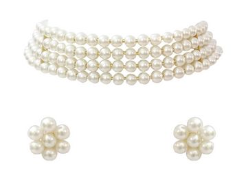Gold Plated Pearl Beaded Choker Necklace with Stud Earrings
