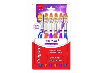 Buy Colgate ZigZag Toothbrush, Pack of 6 Medium Multicolour Soft Tooth brush, Antibacterial with Compact Brush Head for Deep & Complete Cleansing