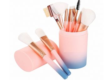 Buy MACPLUS Makeup Brush Set With Storage Barrel - Pack of 12 (Light Pink)