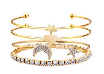 4 PCS Set Stylish Heart Moon & Star Gold Plated Set Kadaa Bracelet