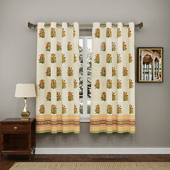 blocks of india hand block printed cotton daylight window curtains with eyelets (set of 2 curtains) 