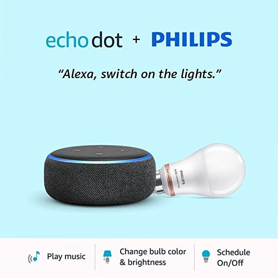Echo Dot (Black) Combo with Philips 9W Smart Color Bulb - Smart Home Starter Kit