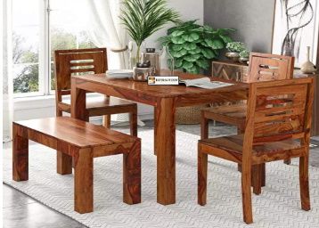 KendalWood™ Furniture Sheesham Wood Dining Table with 3 Chairs 1 Bench | 4 Seater Dining Set |