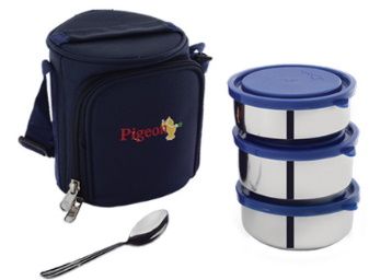 Pigeon Stainless Steel Classmate 3 Lunch Box with Bag (Blue)