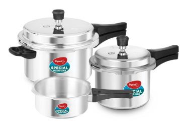 Roll over image to zoom in Pigeon Aluminium Pressure Cooker Combo With Lid, 2 Litre, 3 Litre, 5 Litre (12735) Non-Induction Base Outer Lid , Silver