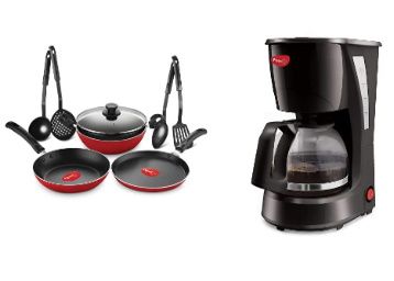Pigeon by Stovekraft Mio Aluminium Set- (Red, 8 Pieces) and A Small Size Brewster Coffee Maker (Black)