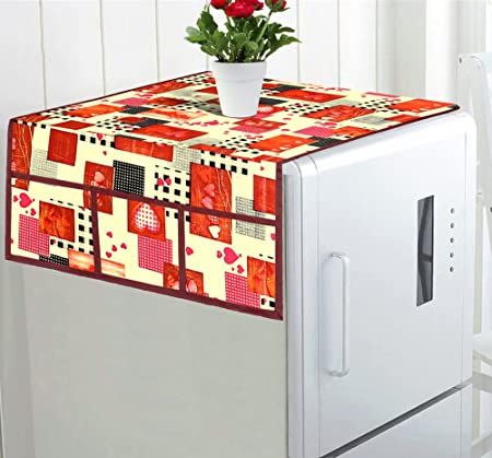 Kuber Industries Heart Design PVC Fridge Top Cover with 6 Utility Side Pockets
