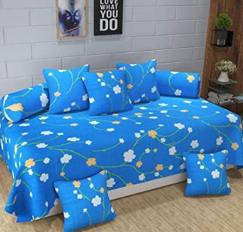 CHHILAKIYA Glace Cotton 5D Diwan Set with 5 Cushion Covers and 2 Boosters (Blue, Standard)