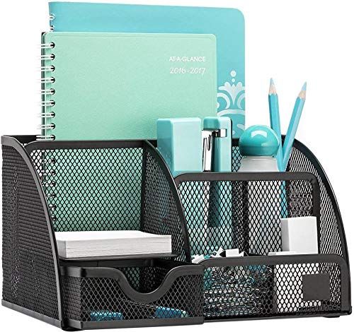 MeRaYo Metal Mesh Pen and Pencil Stationary Storage Tidy Desk Organizer Box with 6 Compartment for Home and Office Accessories