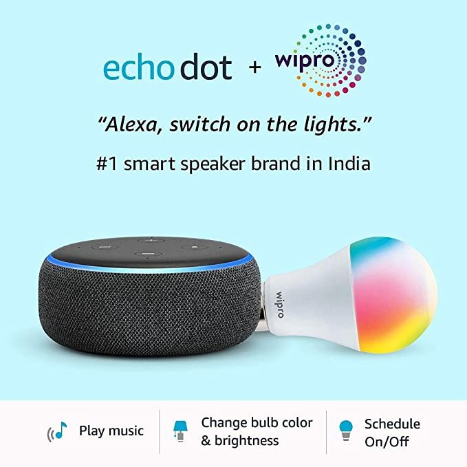 Echo Dot (3rd Gen, Black) + Wipro 9W LED Smart Color Bulb combo - Works with Alexa - Smart Home starter kit