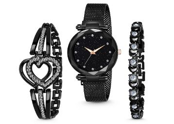 MARCLEX Branded Analogue Diamond Studded Black Dial Magnet Watch Gift