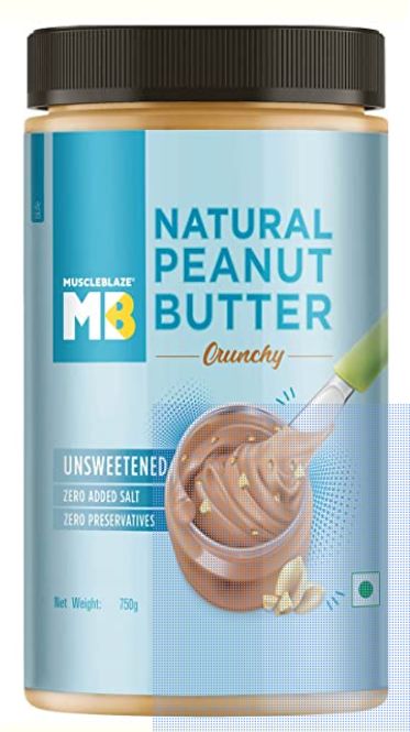 MuscleBlaze Natural Peanut Butter, Crunchy, 29 g Protein, Unsweetened, No Added Salt, Trans Fat Free, No Preservatives, 750 g
