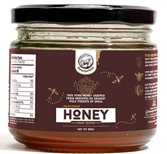 Kesariya Farm Wildflower Honey | Raw 100% Pure & Natural | Produced By Wild Forest Bees | Unprocessed, Unpasteurized | NMR Tested | Glass Jar (350 Gram)
