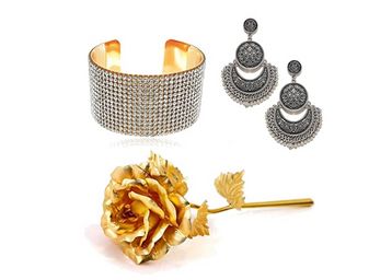 Valentine YouBella Jewellery Combo of Stylish Fancy Afghan Earrings, Gold Plated Rose Flower and Crystal Jewellery Bangle Bracelet at Just Rs.629