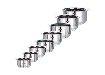 Sumeet Stainless Steel Tope/patila/cookware, 370ML, 550ML, 800ML, 1100ML,1400ML, 1800ML, 2300ML, 3000ML, 8 Piece (Steel) at Just Rs.1622