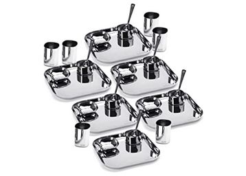 Sumeet Square Stainless Steel Heavy Gauge Mirror Finish Dinner Set of 30 Pc (6 Plate, 6 Halwa Plate, 6 Bowl , 6 Glass, 6 Spoon) at Just Rs.6103