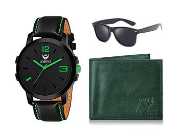 LORENZ Gift Set Combo of Green Analog Watch, Black Sunglasses & Hi-Quality PU Wallet & Magnetic Gift Box for Men at Just Rs.519
