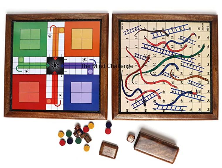 The Mind Challenge Classic Handmade Wooden 2 in 1 Ludo Magnetic Snakes and Ladders Travel Board Game for Adults, Kids Best Birthday Gifts (Small)