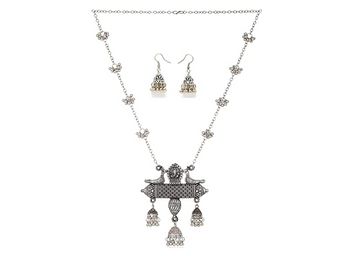 Shining Diva Fashion Latest Oxidised German Silver Afghani Long Chain Pendant Earrings Necklace Jewellery Set for Women at Just Rs.215