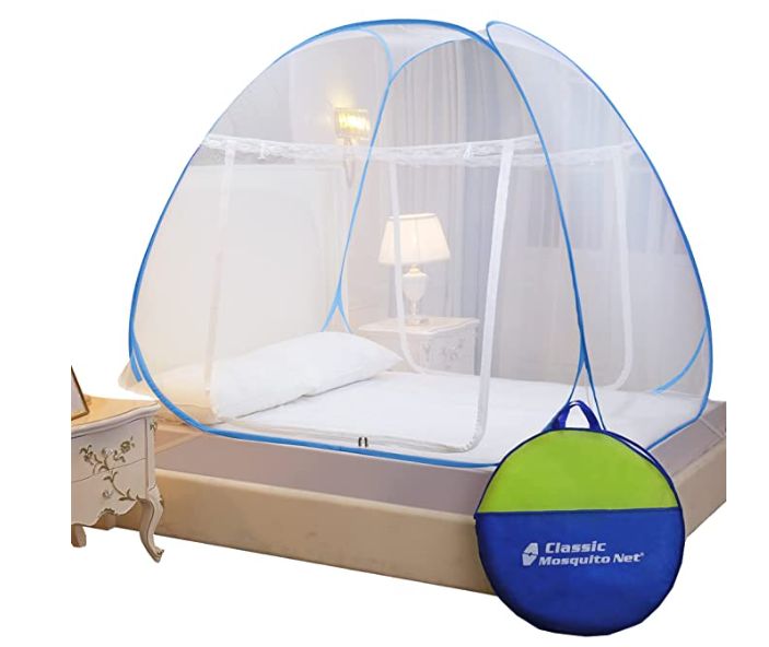Classic Mosquito Net for Double Bed | King Size Foldable Machardani | Polyester 30GSM Strong Net | PVC Coated Corrosion Resistant Steel Wire - Blue
