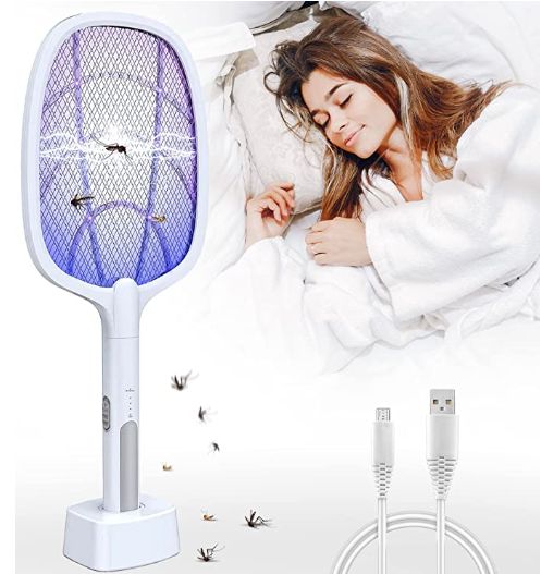 BEAST BARGAIN Mosquito Racquet Rechargeable Insect Killer | Five Nights Mosquito Bat with Purple UV Light Handheld | Electric Fly Swatter with Stand