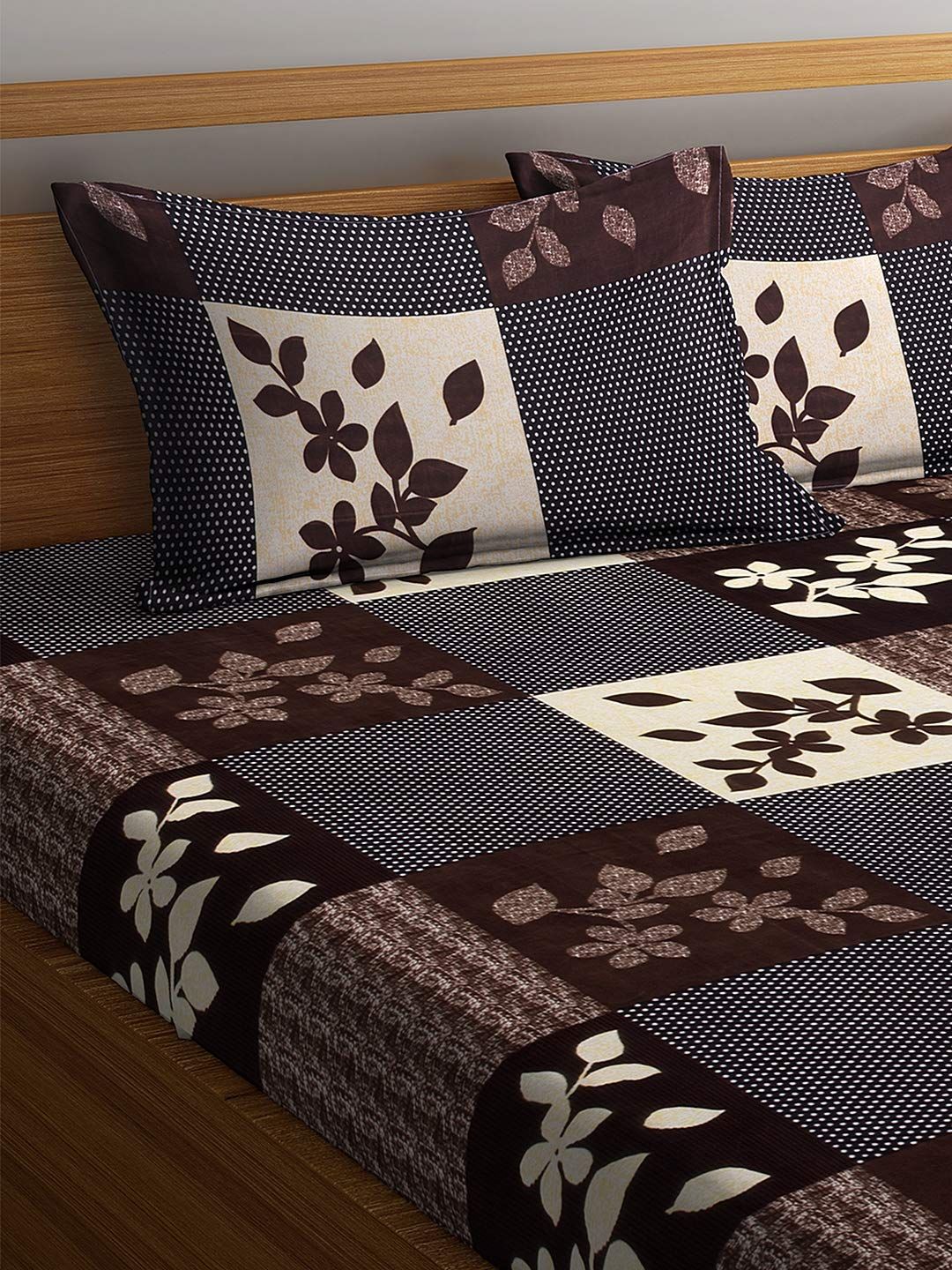  Fashion String 144 TC Microfibre Brown Double Bedsheet with 2 King Size Pillow Covers