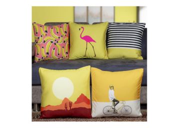Vendola Satin 250TC Cushion Pillow Covers , Yellow and Multicolor, Set of 5 At Just Rs.499