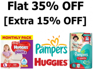 Diapers at Good Discount - Minimum 35% Off + Extra 15% Off + Rs. 800 Cashback