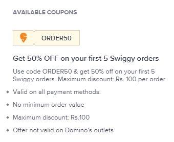 Swiggy coupons store for first users