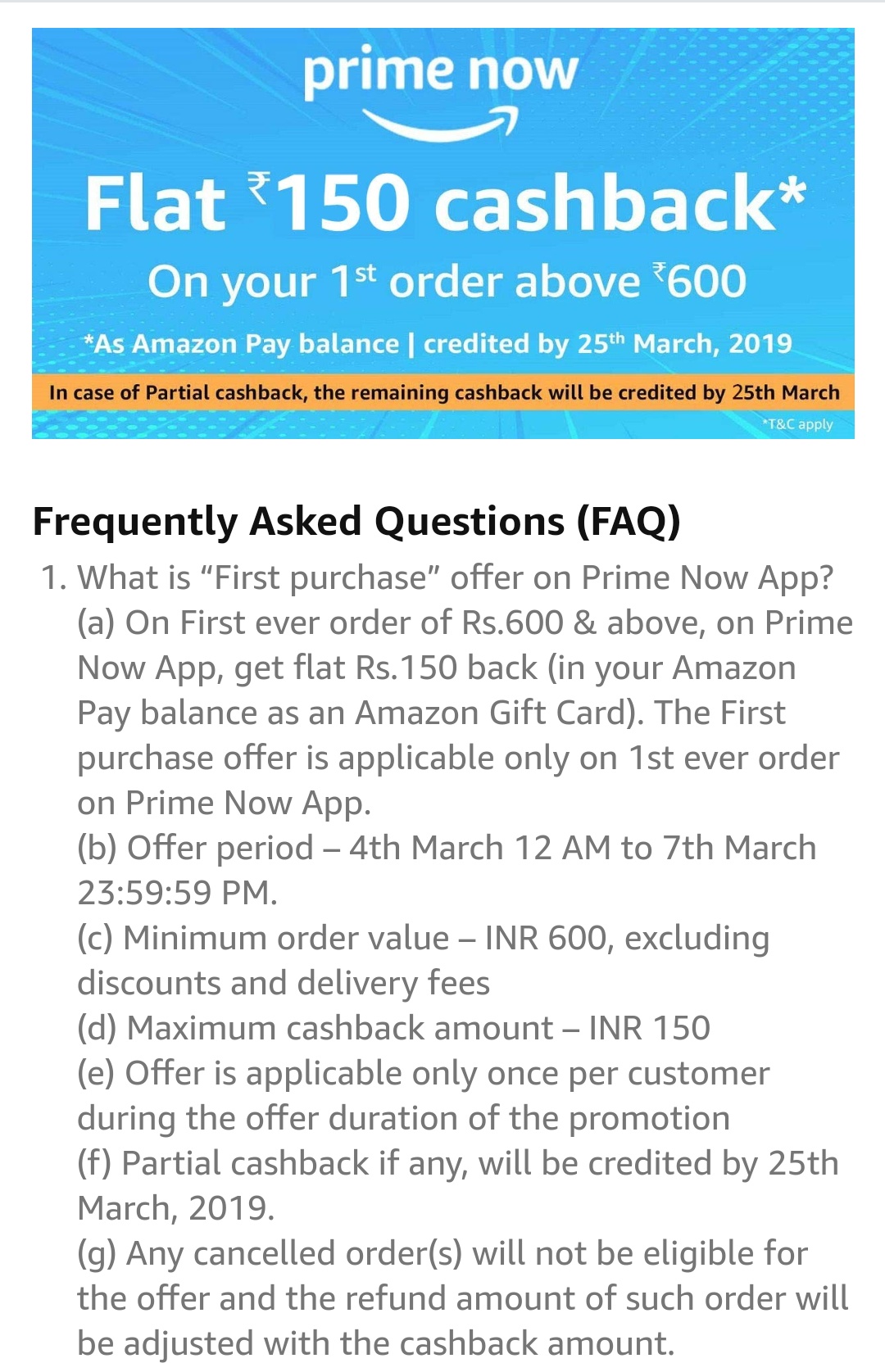 Amazon Prime Now Flat Rs.150 Cashback On Your 1st Order Above Rs.600
