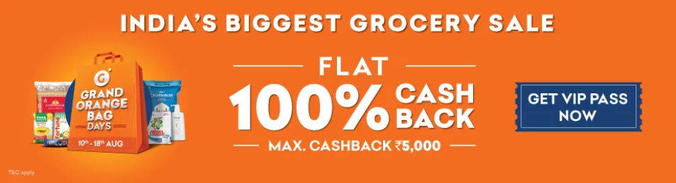 Grofers Orange Bag Days Sale - 100% Cashback on Groceries