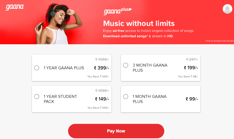 Free Subscription of Gaana+ For 3 Month Worth Rs. 199